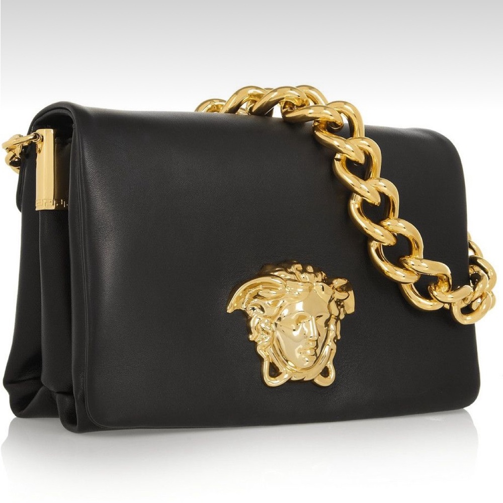Versace Nappa Palazzo Sultan black handbag w/ gold Medusa and chain